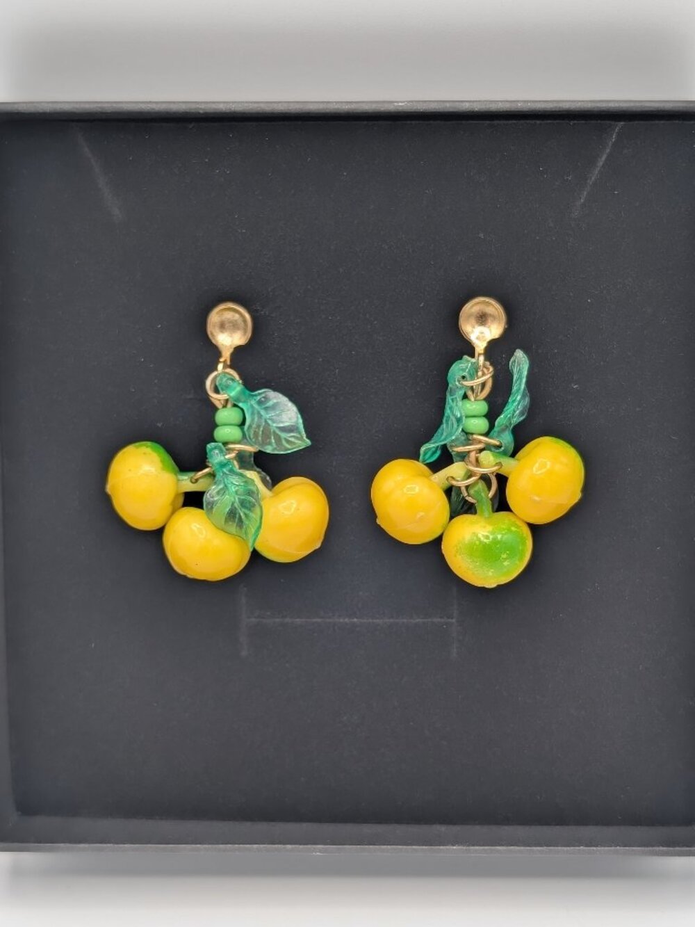 Vintage 1950s Lucite Lemon Fruit Salad Drop Patented Lever Screw Clip Earrings